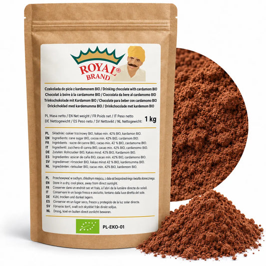 Projekt opakowania: Czekolada do picia z kardamonem BIO 1 kg Royal Brand. Zielony listek BIO, PL-EKO-01. Logo marki do weryfikacji.