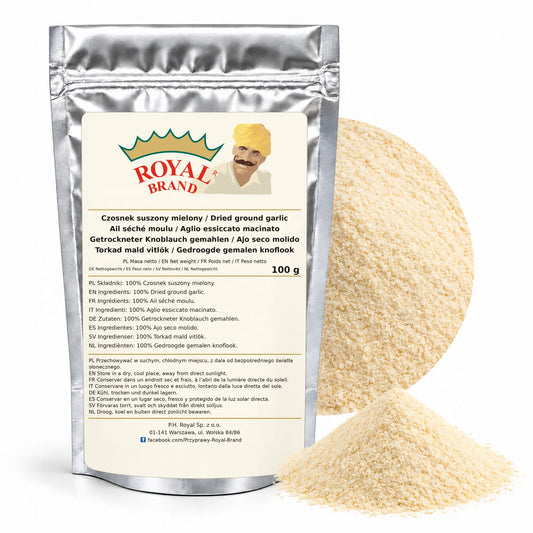 Czosnek mielony 100 g Royal Brand — srebrne opakowanie, etykieta w 8 językach