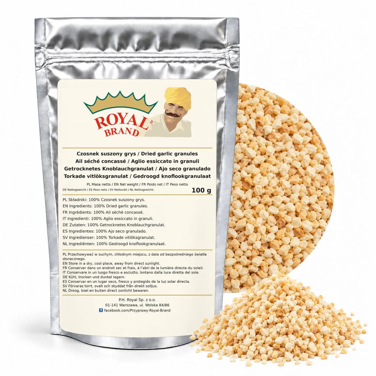 Czosnek suszony grys 100 g Royal Brand — srebrne opakowanie, etykieta w 8 językach