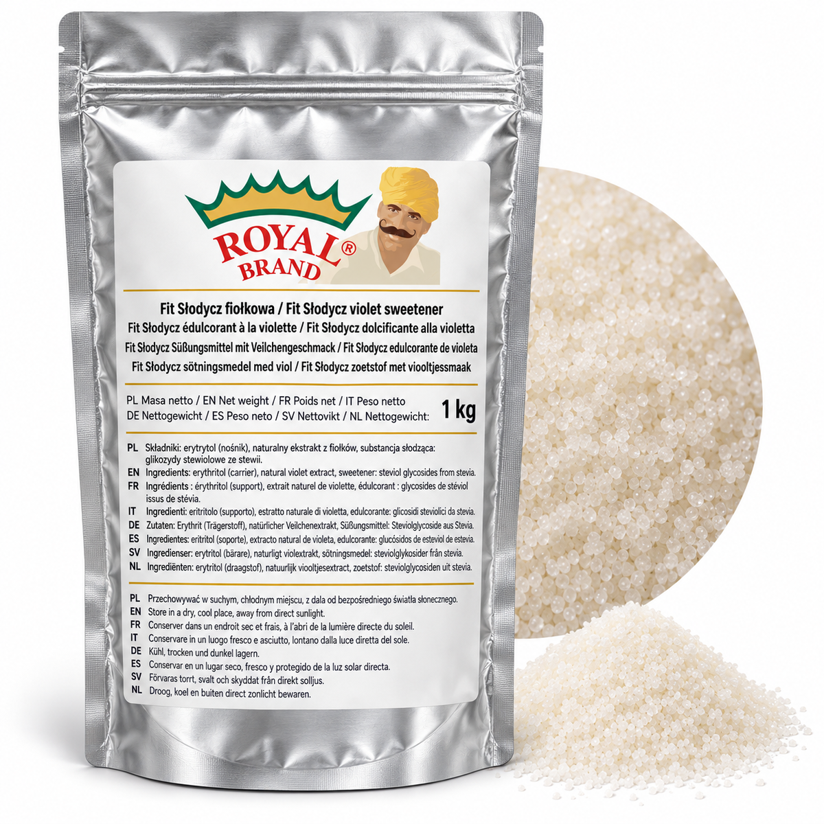 Projekt opakowania: Fit Słodycz fiołkowa 1 kg Royal Brand; logo do weryfikacji.