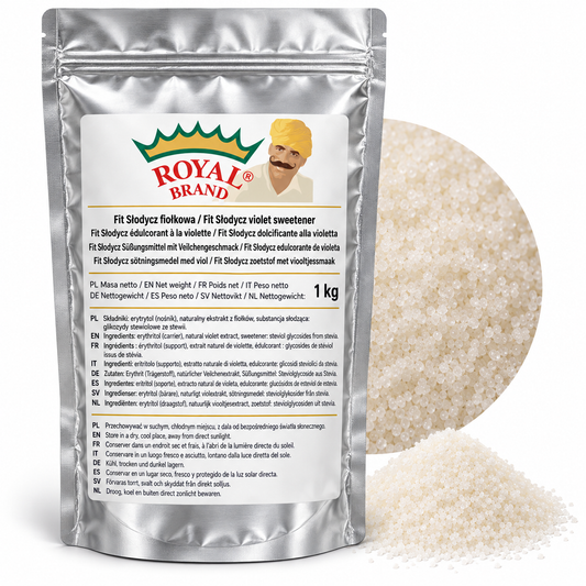 Projekt opakowania: Fit Słodycz fiołkowa 1 kg Royal Brand; logo do weryfikacji.