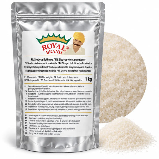 Projekt opakowania: Fit Słodycz fiołkowa 1 kg Royal Brand; logo do weryfikacji.