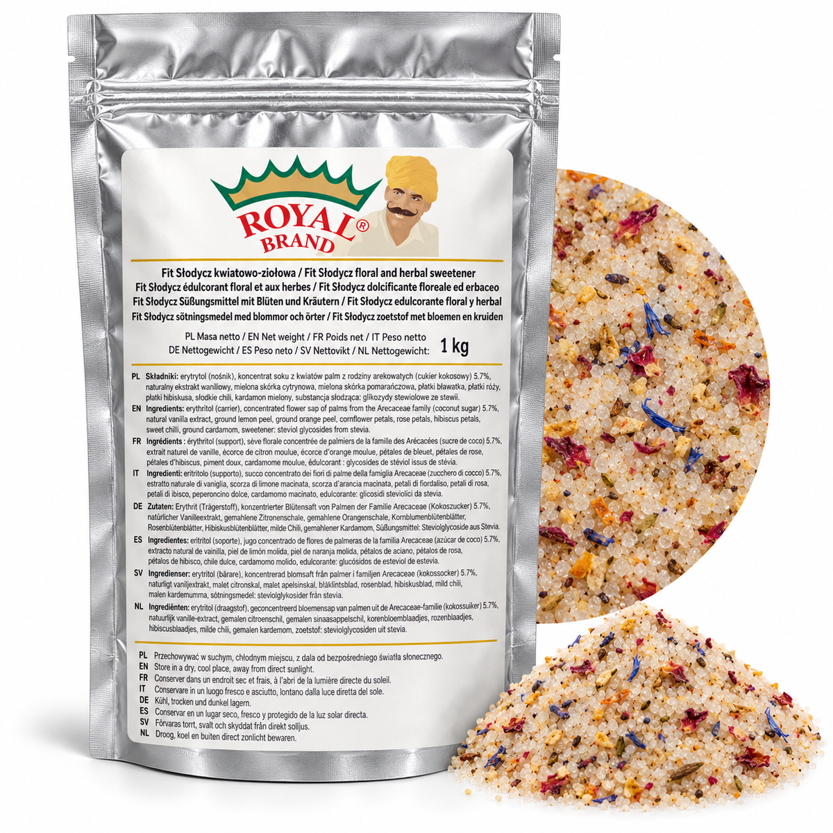 Projekt opakowania: Fit Słodycz kwiatowo-ziołowa 1 kg Royal Brand; logo do weryfikacji.