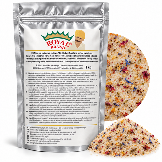 Projekt opakowania: Fit Słodycz kwiatowo-ziołowa 1 kg Royal Brand; logo do weryfikacji.