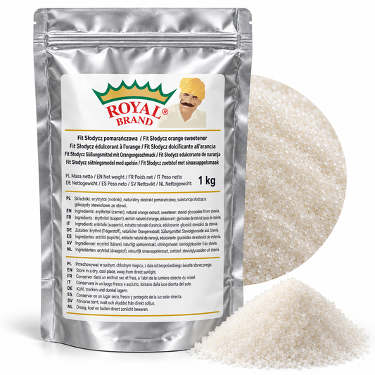 Projekt opakowania: Fit Słodycz pomarańczowa 1 kg Royal Brand; logo do weryfikacji.