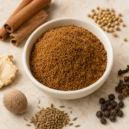 Mielona Garam Masala – zbliżenie mieszanki i składników