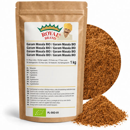 Projekt opakowania: Garam Masala BIO 1 kg Royal Brand. Zielony listek BIO, PL-EKO-01. Logo marki do weryfikacji.