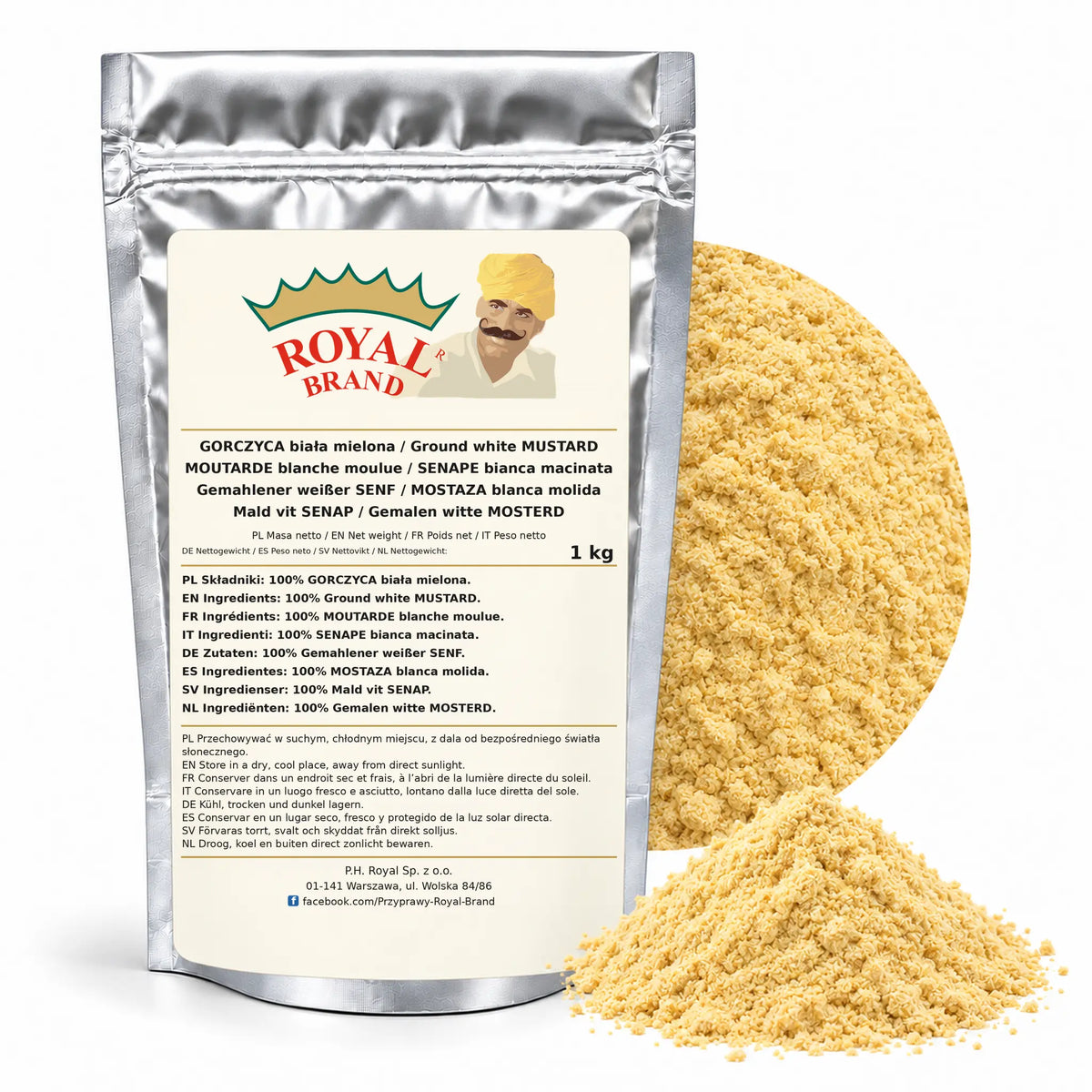 Gorczyca biała mielona 1 kg | Royal Brand — srebrne opakowanie, etykieta w 8 językach