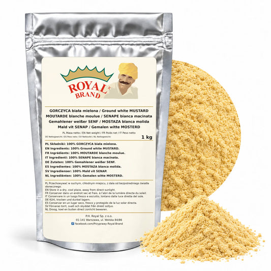 Gorczyca biała mielona 1 kg | Royal Brand — srebrne opakowanie, etykieta w 8 językach