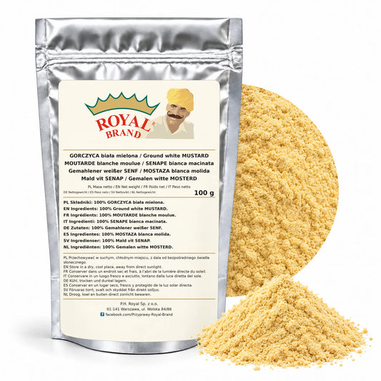 Gorczyca biała mielona 100 g | Royal Brand — srebrne opakowanie, etykieta w 8 językach