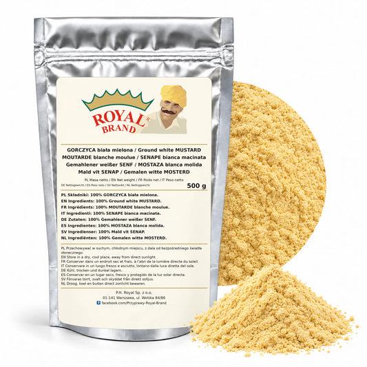 Gorczyca biała mielona 500 g | Royal Brand — srebrne opakowanie, etykieta w 8 językach