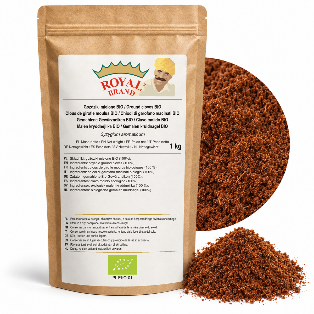 Goździki mielone BIO 1 kg Royal Brand — opakowanie kraft z etykietą w ośmiu językach