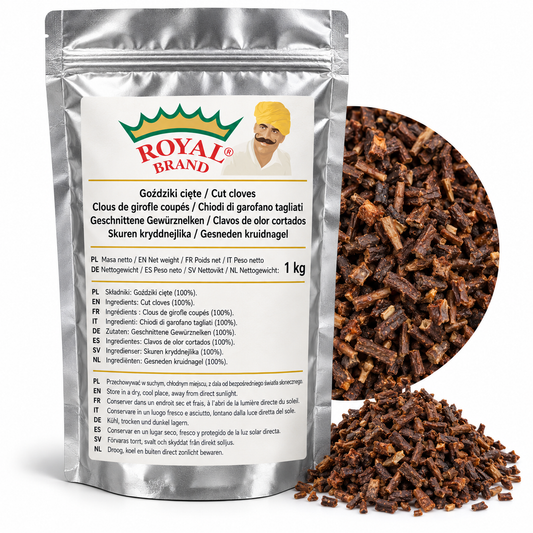 Projekt opakowania: Goździki cięte 1 kg Royal Brand; logo do weryfikacji.