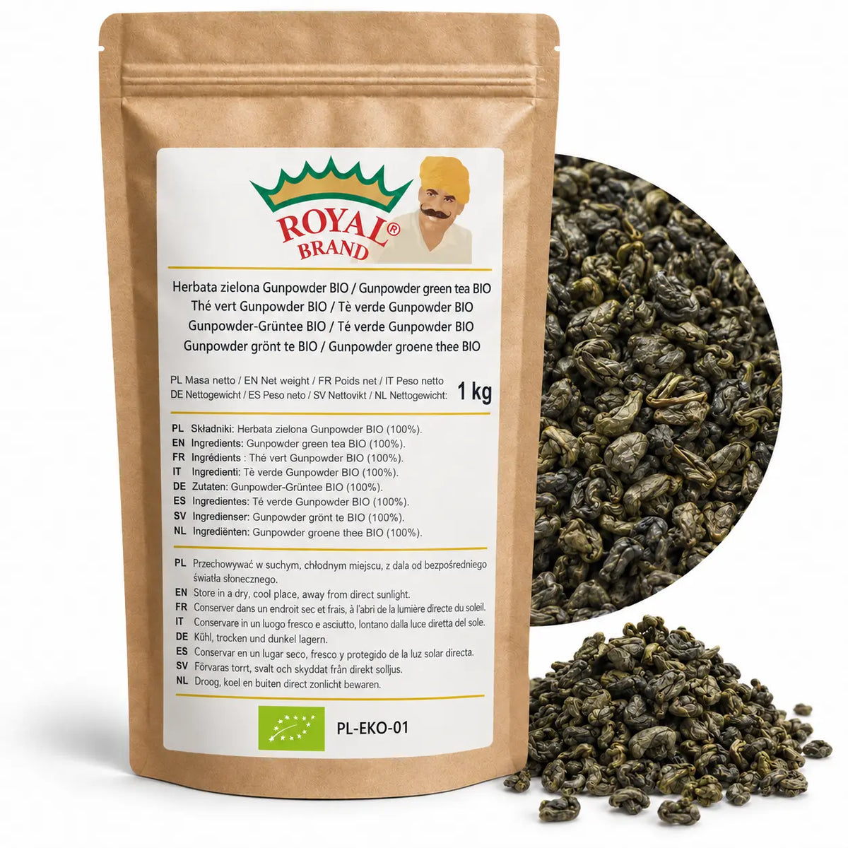 Projekt opakowania: Herbata zielona Gunpowder BIO 1 kg Royal Brand. Zielony listek BIO, PL-EKO-01. Logo marki do weryfikacji.