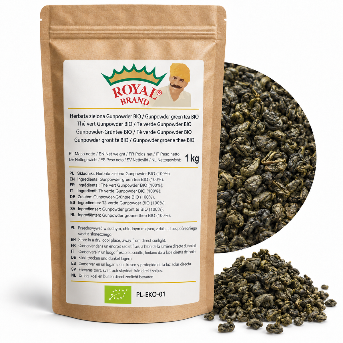 Projekt opakowania: Herbata zielona Gunpowder BIO 1 kg Royal Brand. Zielony listek BIO, PL-EKO-01. Logo marki do weryfikacji.