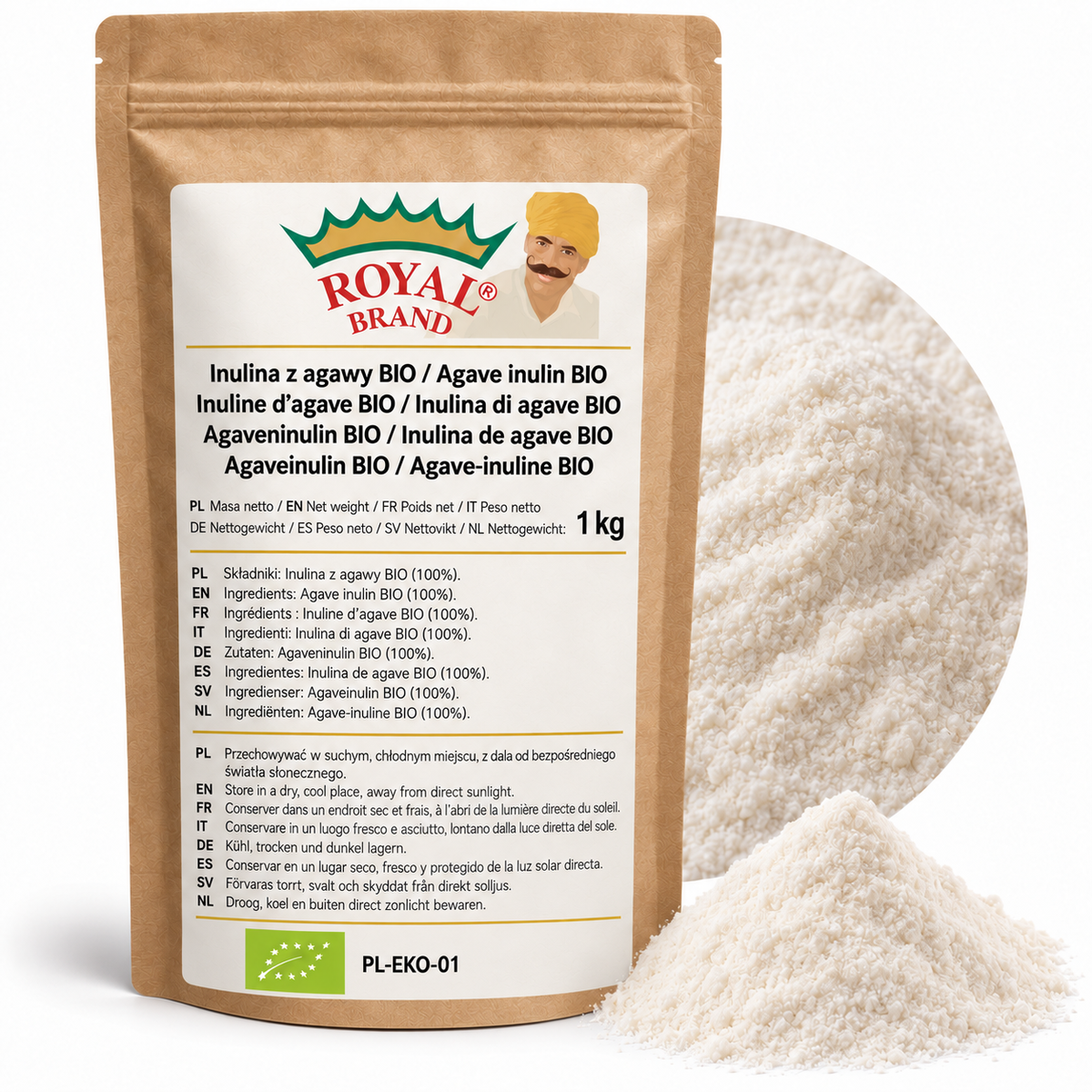 Projekt opakowania: Inulina z agawy BIO 1 kg Royal Brand. Zielony listek BIO, PL-EKO-01. Logo marki do weryfikacji.