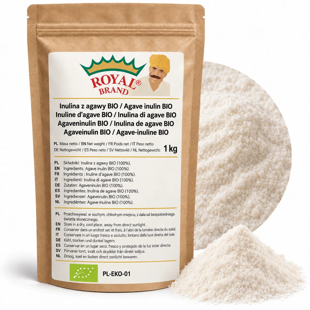 Projekt opakowania: Inulina z agawy BIO 1 kg Royal Brand. Zielony listek BIO, PL-EKO-01. Logo marki do weryfikacji.