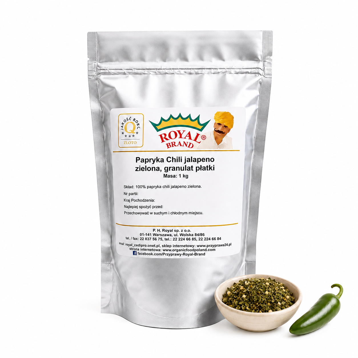 Jalapeño zielone suszone 1 kg Royal Brand – doypak na białym tle