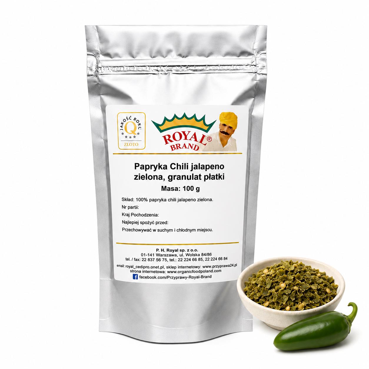 Jalapeño zielone suszone 100 g Royal Brand – doypak na białym tle