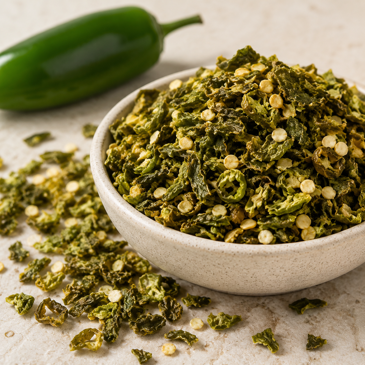 Suszone płatki zielonego jalapeño 100 g – zbliżenie produktu