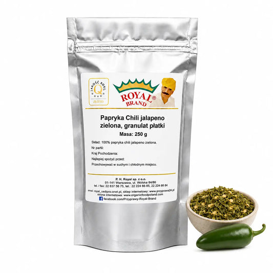 Jalapeño zielone suszone 250 g Royal Brand – doypak na białym tle