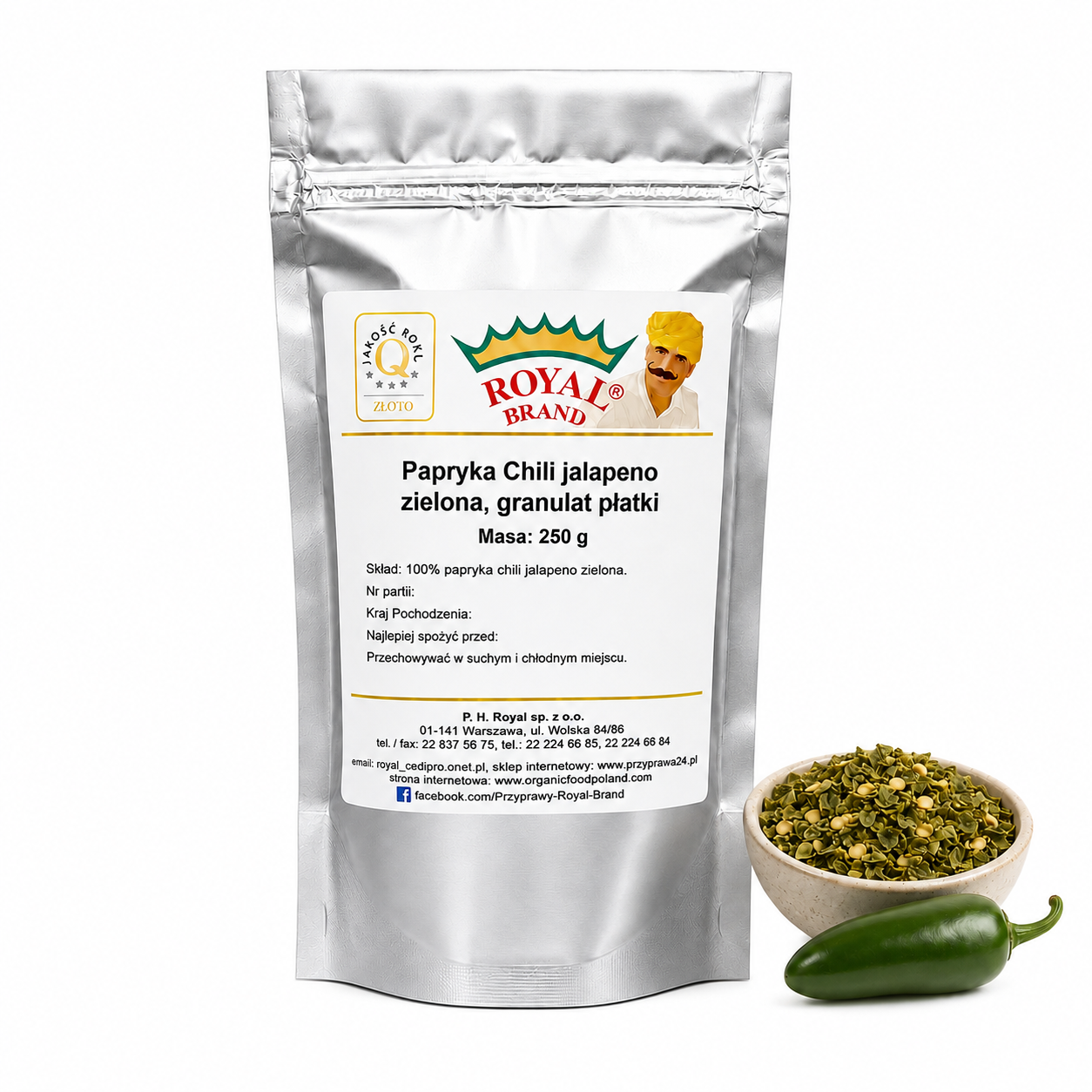 Jalapeño zielone suszone 250 g Royal Brand – doypak na białym tle