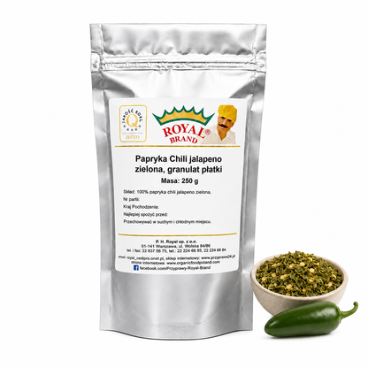 Jalapeño zielone suszone 250 g Royal Brand – doypak na białym tle