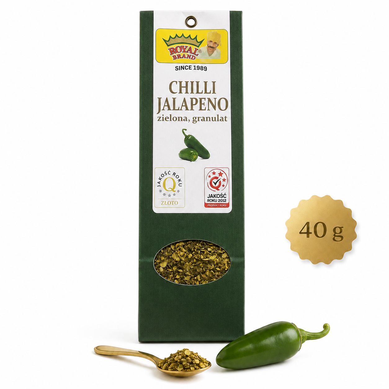 Jalapeño zielone suszone 40 g Royal Brand – kartonik na białym tle