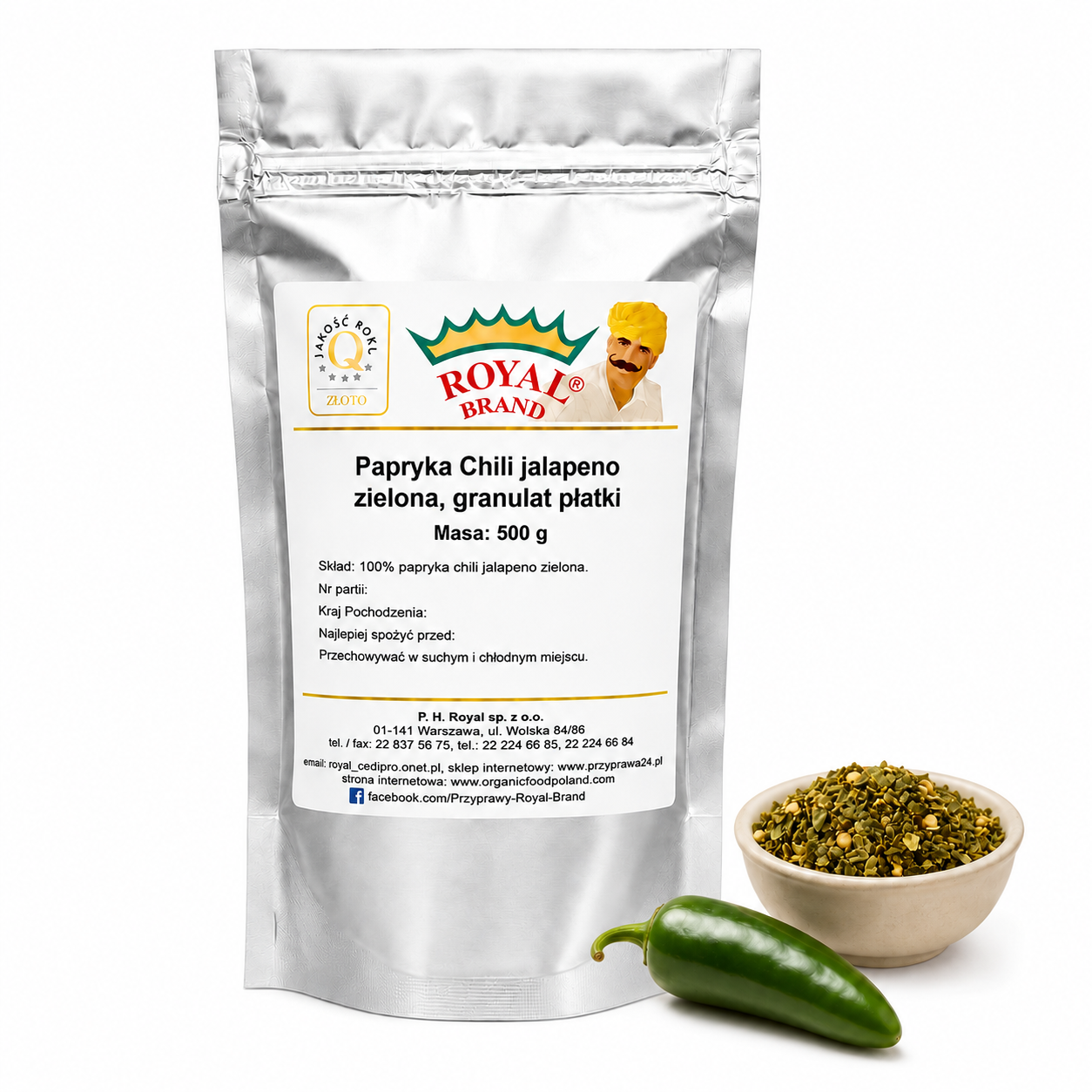 Jalapeño zielone suszone 500 g Royal Brand – doypak na białym tle