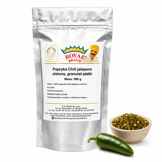 Jalapeño zielone suszone 500 g Royal Brand – doypak na białym tle