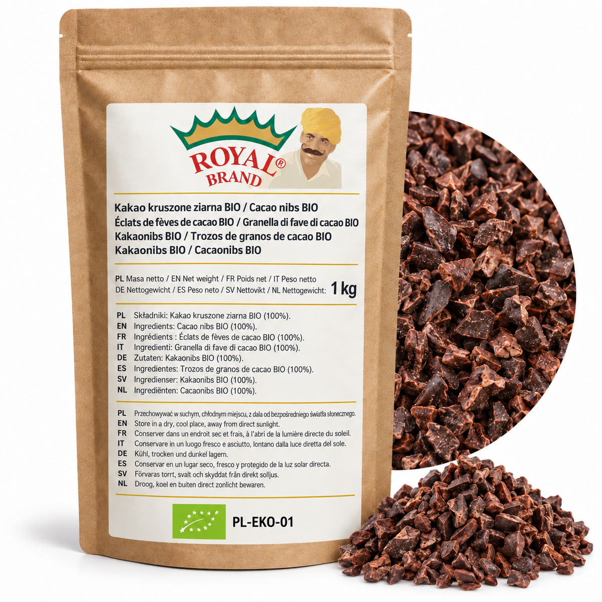 Projekt opakowania: Kakao kruszone ziarna BIO 1 kg Royal Brand; zielony znak BIO i PL-EKO-01; logo Royal Brand do weryfikacji.