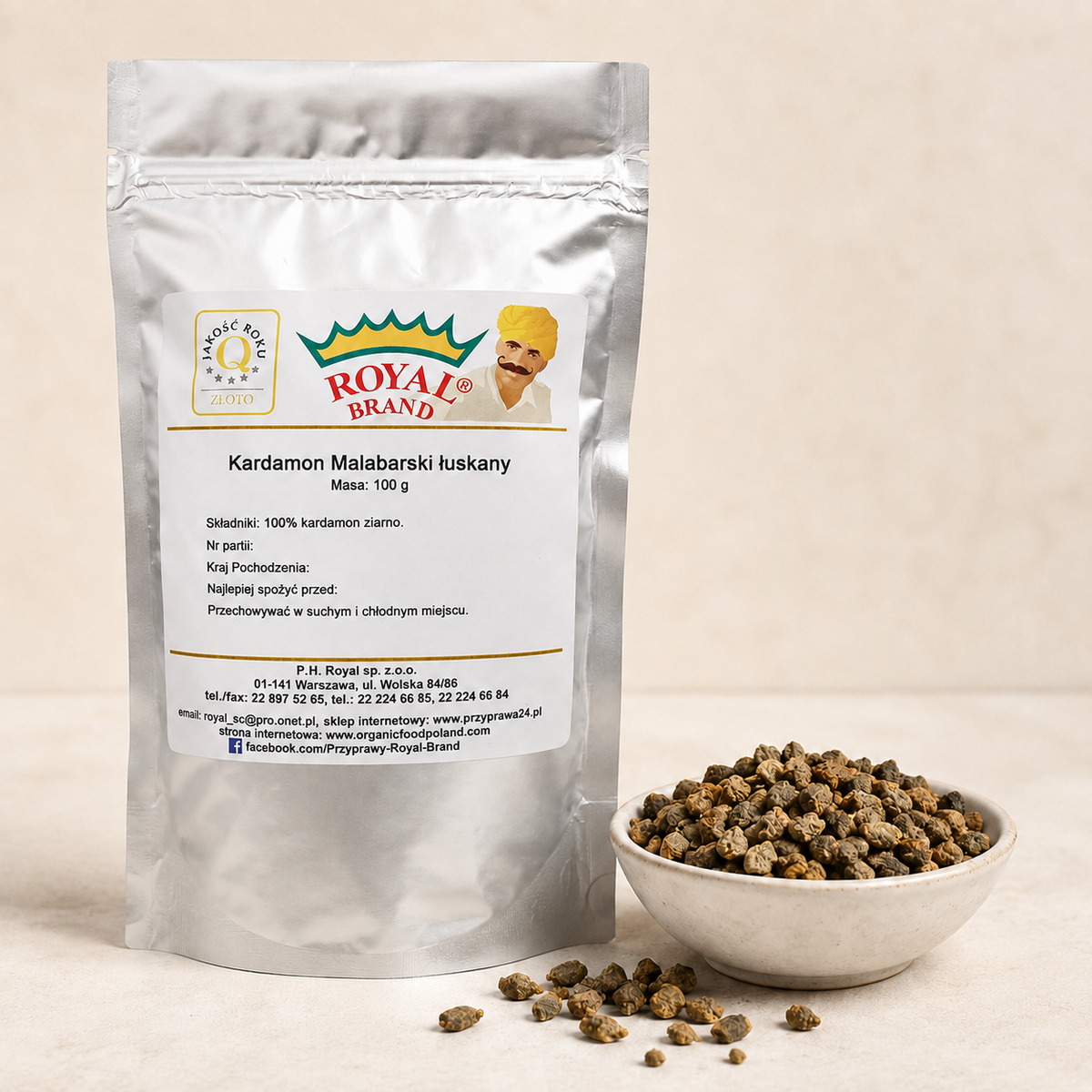 Kardamon malabarski łuskany 100 g Royal Brand – opakowanie i ziarno