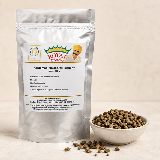 Kardamon malabarski łuskany 100 g Royal Brand – opakowanie i ziarno