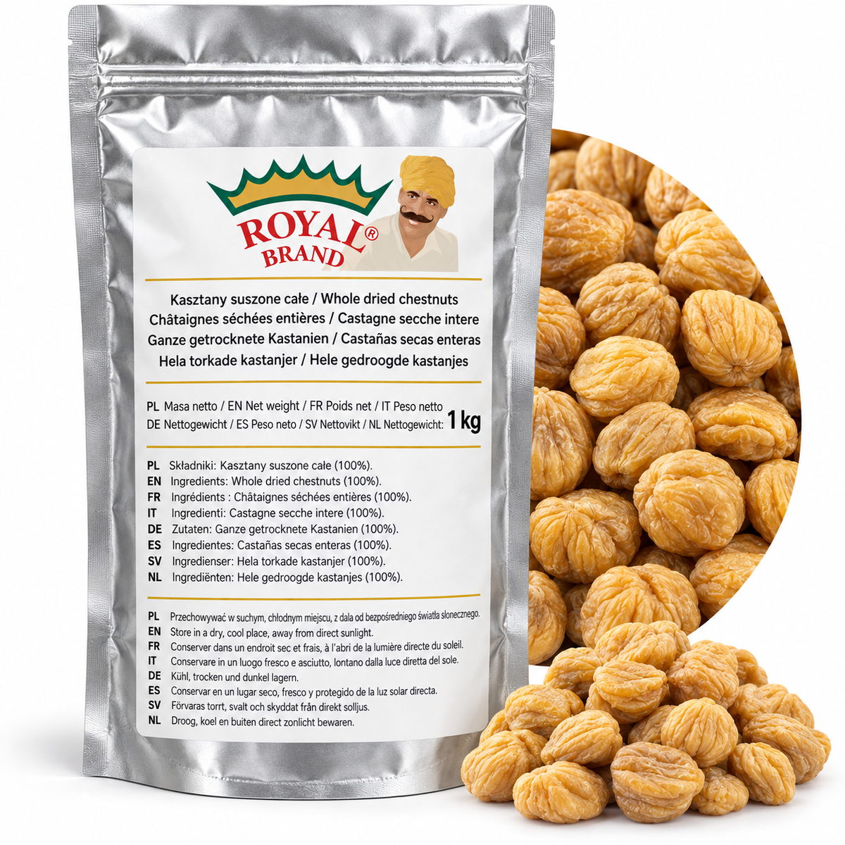 Projekt opakowania: Kasztany suszone całe 1 kg Royal Brand; logo do weryfikacji.