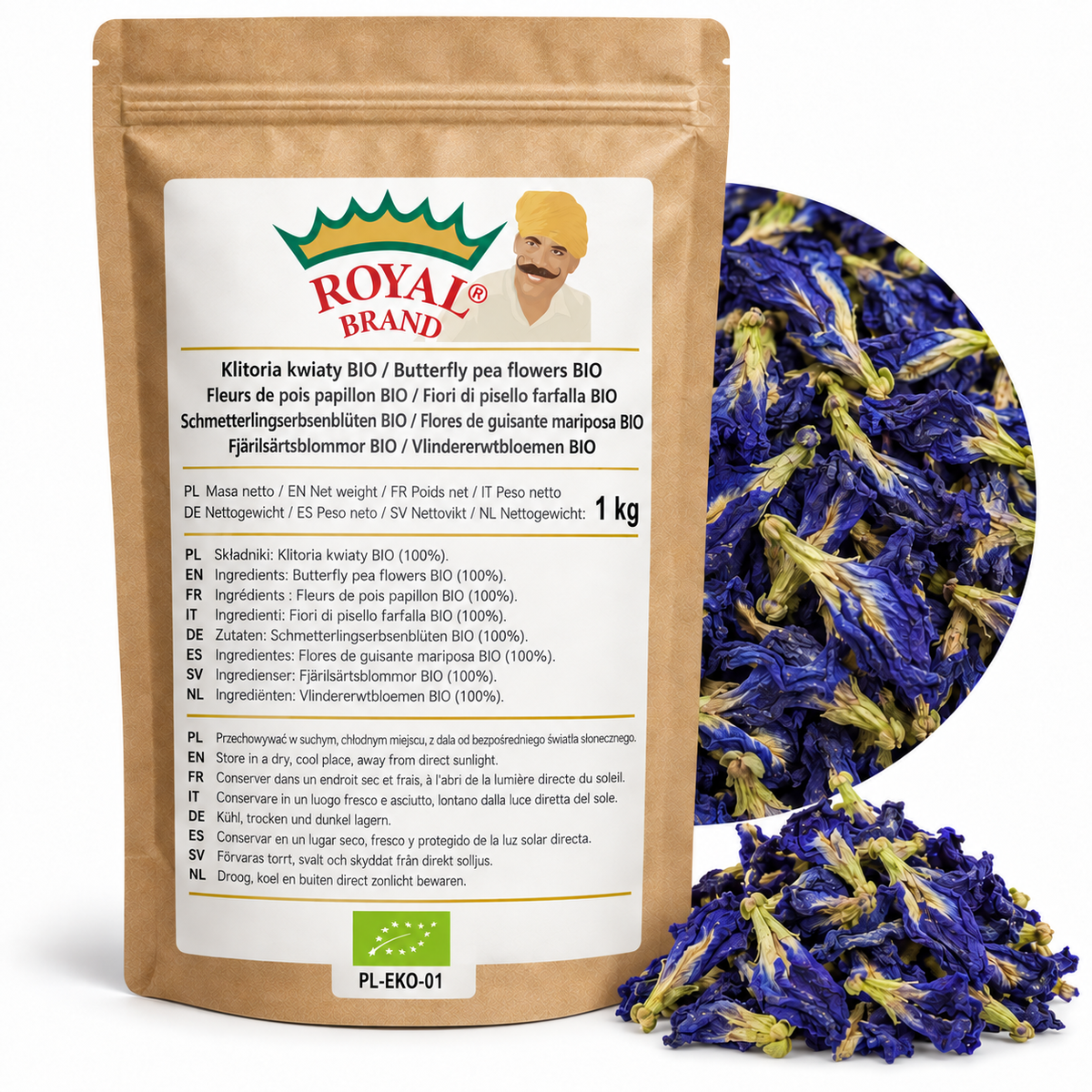 Projekt opakowania: Klitoria kwiaty BIO 1 kg Royal Brand. Zielony listek BIO, PL-EKO-01. Logo marki do weryfikacji.