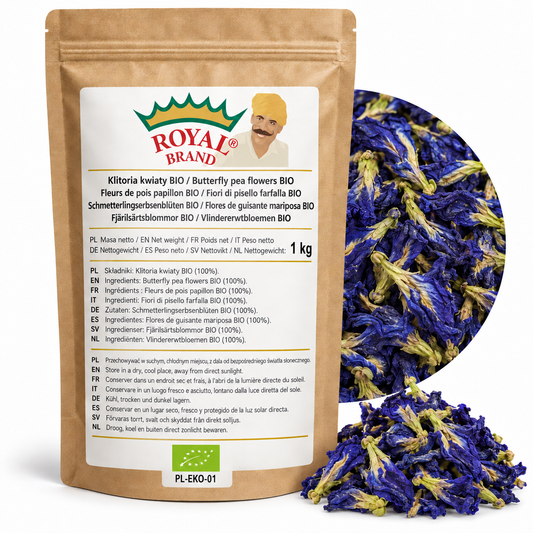 Projekt opakowania: Klitoria kwiaty BIO 1 kg Royal Brand. Zielony listek BIO, PL-EKO-01. Logo marki do weryfikacji.