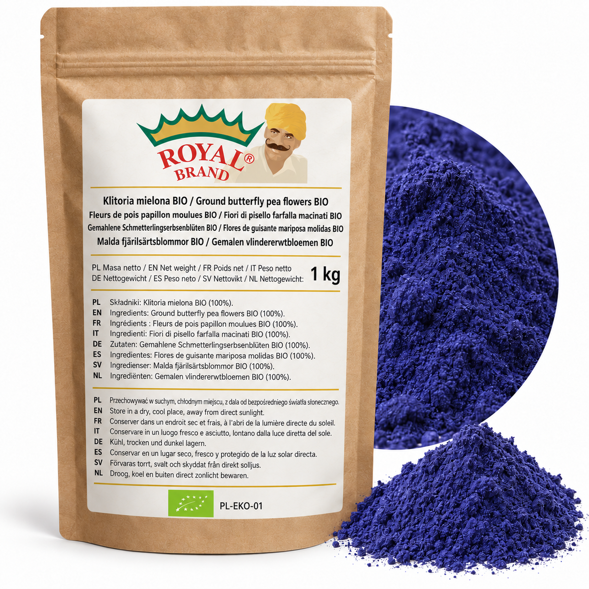 Projekt opakowania: Klitoria mielona BIO 1 kg Royal Brand. Zielony listek BIO, PL-EKO-01. Logo marki do weryfikacji.
