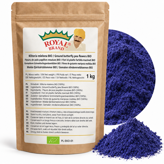 Projekt opakowania: Klitoria mielona BIO 1 kg Royal Brand. Zielony listek BIO, PL-EKO-01. Logo marki do weryfikacji.