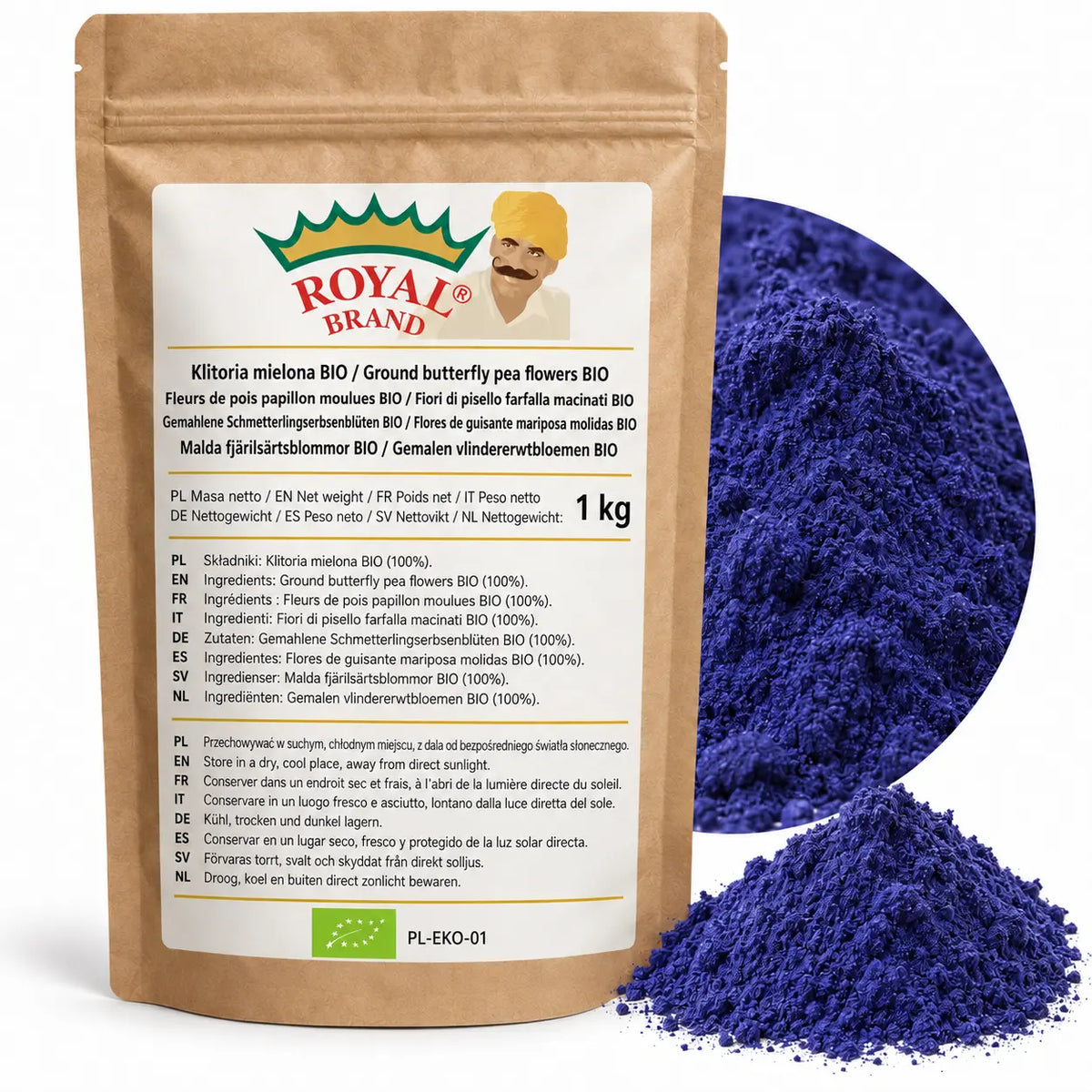 Projekt opakowania: Klitoria mielona BIO 1 kg Royal Brand. Zielony listek BIO, PL-EKO-01. Logo marki do weryfikacji.
