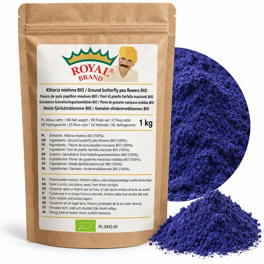Projekt opakowania: Klitoria mielona BIO 1 kg Royal Brand. Zielony listek BIO, PL-EKO-01. Logo marki do weryfikacji.