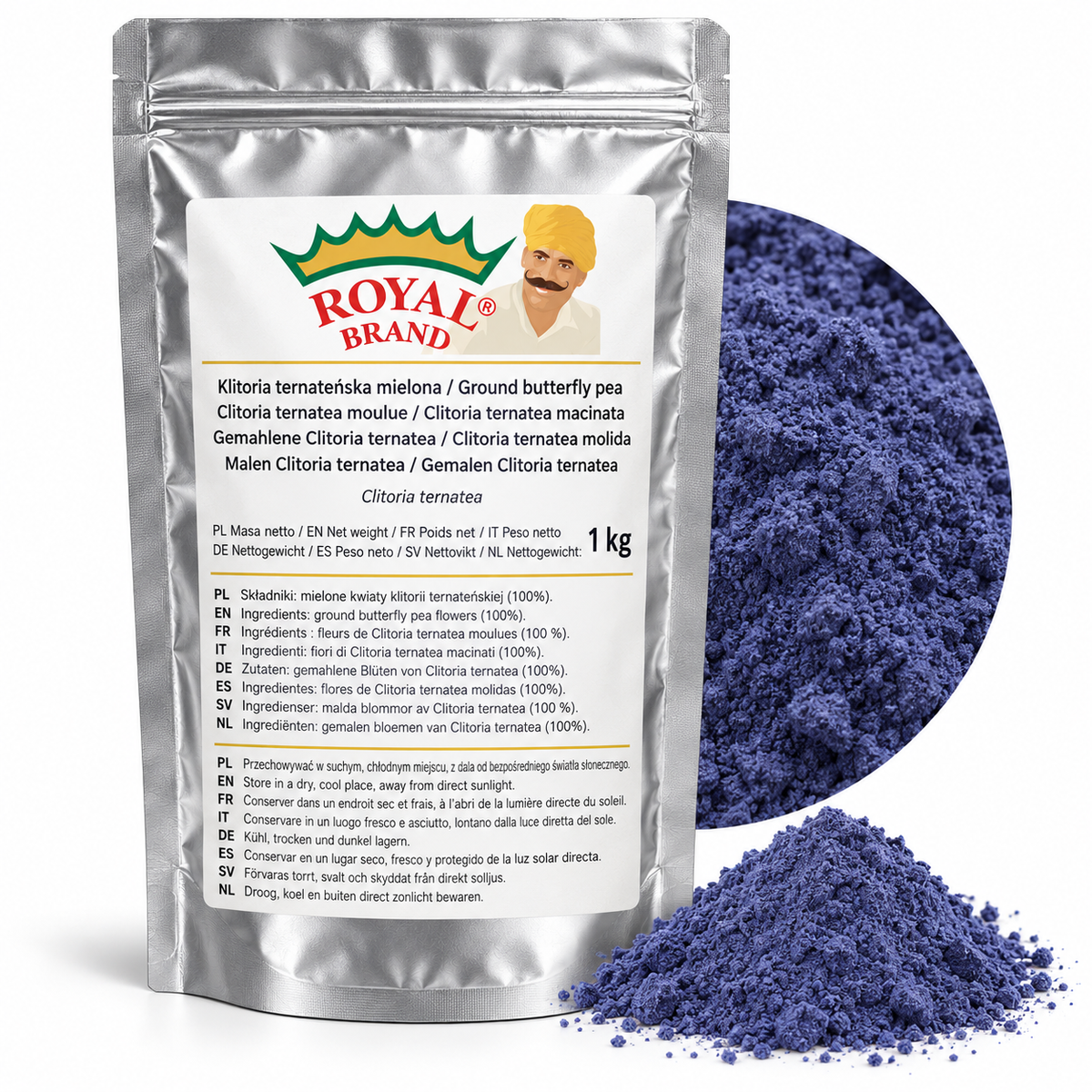 Klitoria ternateńska mielona 1 kg Royal Brand – projekt srebrnego opakowania