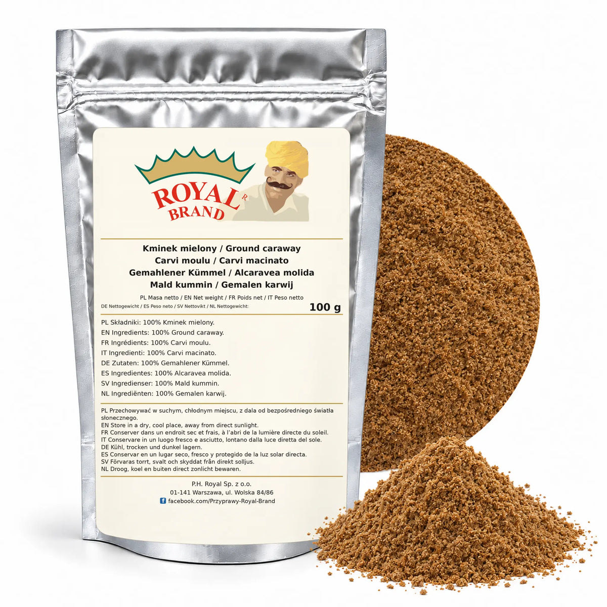 Kminek mielony 100 g Royal Brand — srebrne opakowanie, etykieta w 8 językach
