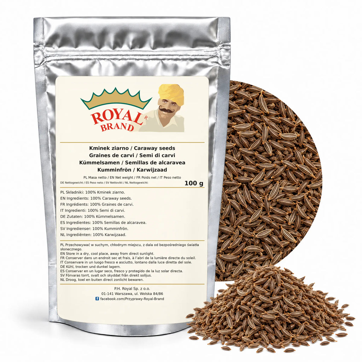 Kminek ziarno 100 g Royal Brand — srebrne opakowanie, etykieta w 8 językach