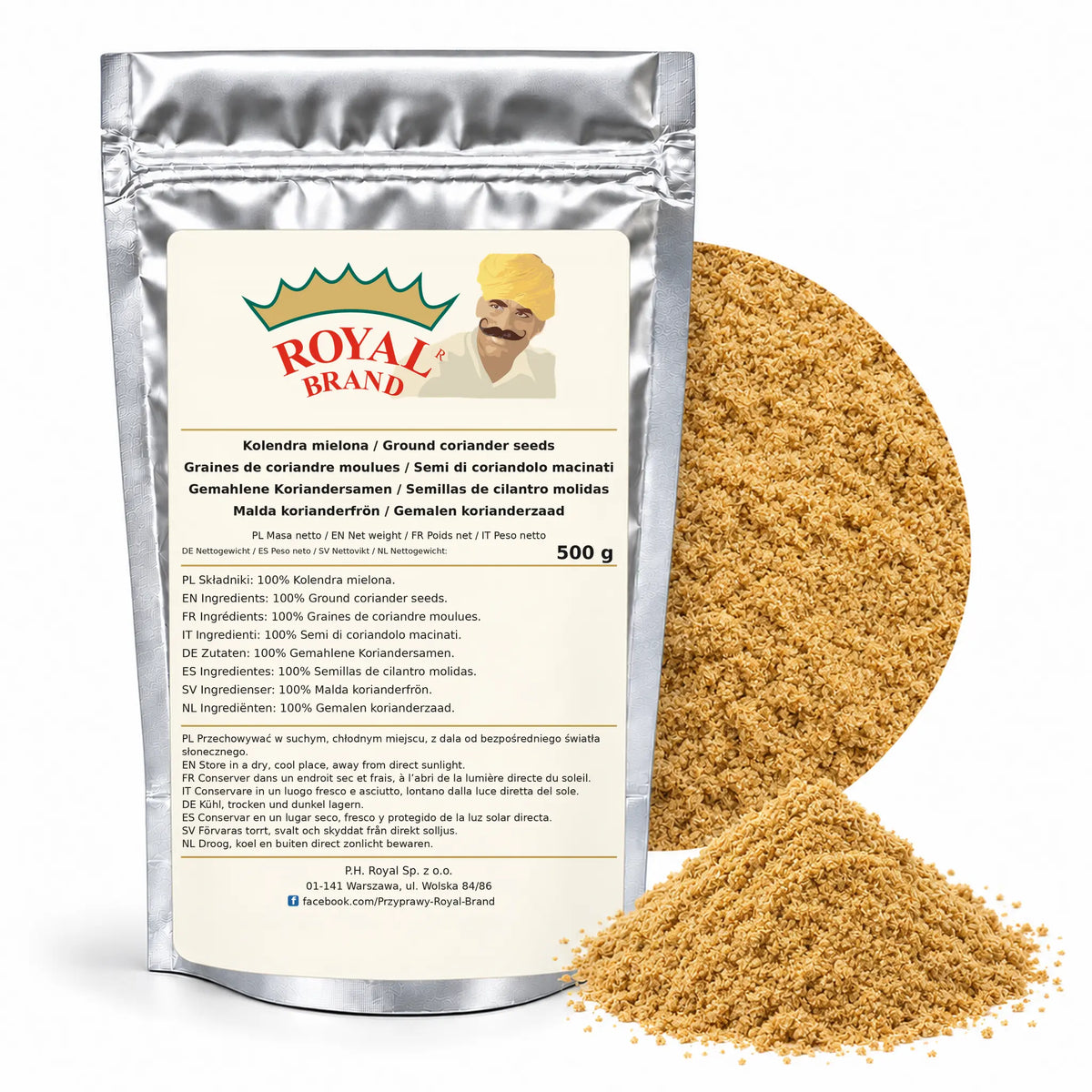 Kolendra mielona 500 g Royal Brand — srebrne opakowanie, etykieta w 8 językach