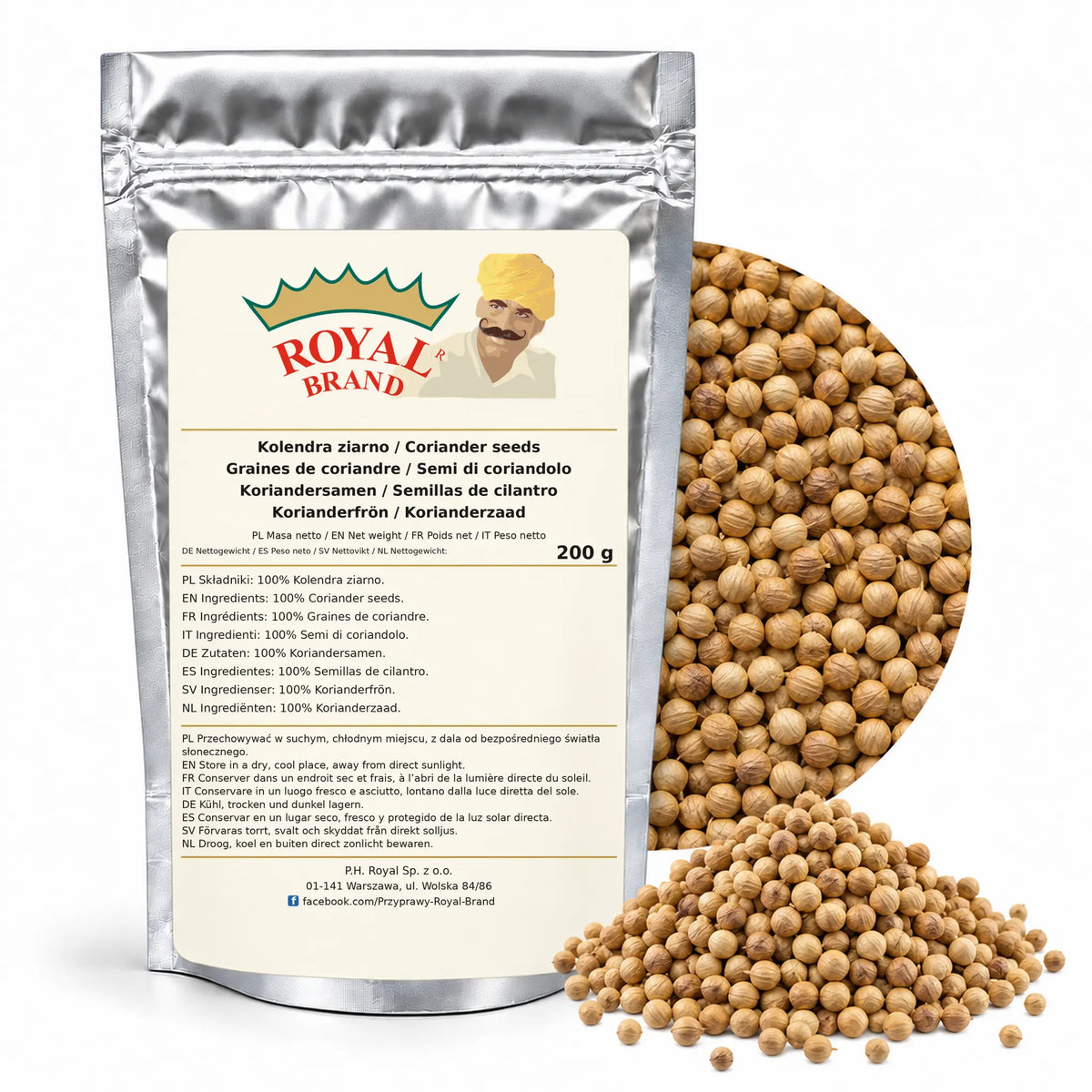 Kolendra ziarno 200 g Royal Brand — srebrne opakowanie, etykieta w 8 językach