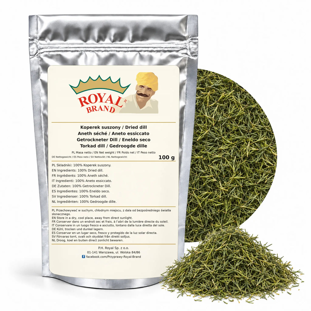 Koperek suszony 100 g Royal Brand — srebrne opakowanie, etykieta w 8 językach