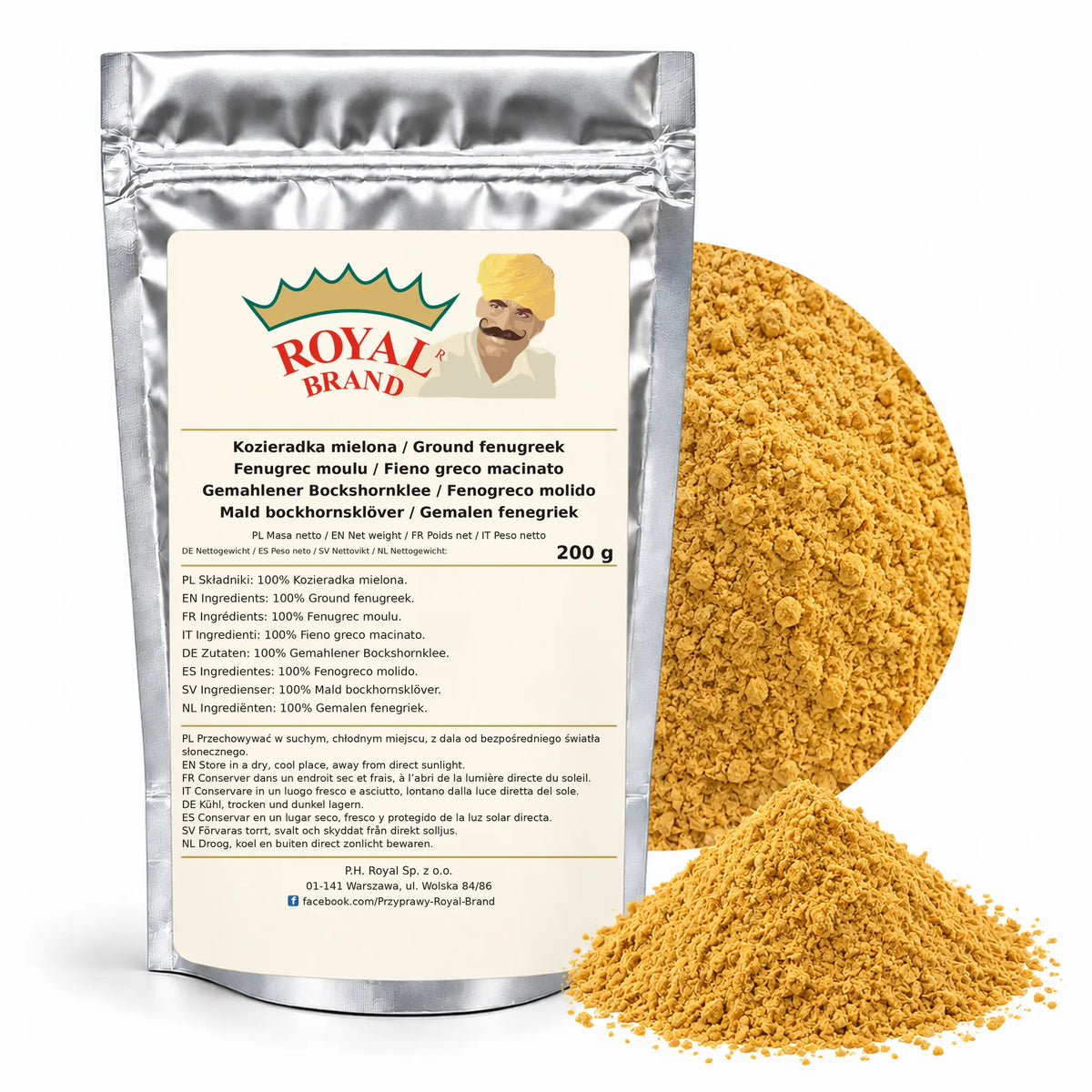 Kozieradka mielona 200 g Royal Brand — srebrne opakowanie, etykieta w 8 językach