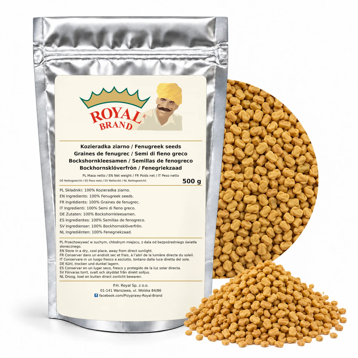 Kozieradka ziarno 500 g Royal Brand — srebrne opakowanie, etykieta w 8 językach