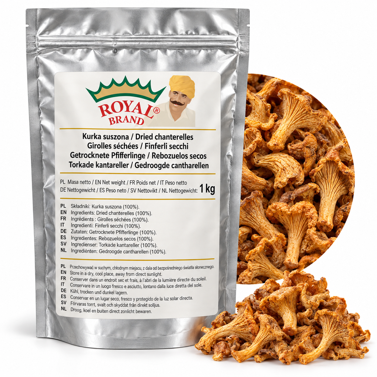 Projekt opakowania: Kurka suszona 1 kg Royal Brand. Logo marki do weryfikacji.