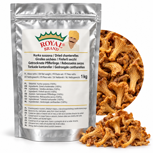 Projekt opakowania: Kurka suszona 1 kg Royal Brand. Logo marki do weryfikacji.